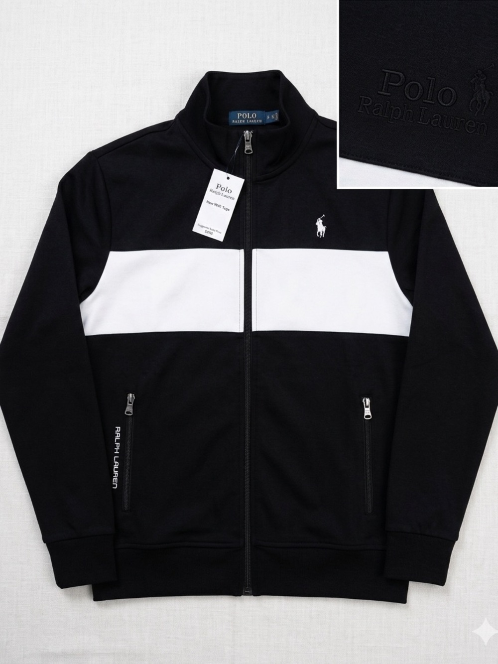 Ralph Lauren Black Zip-Up Athletic Jacket with White Logo